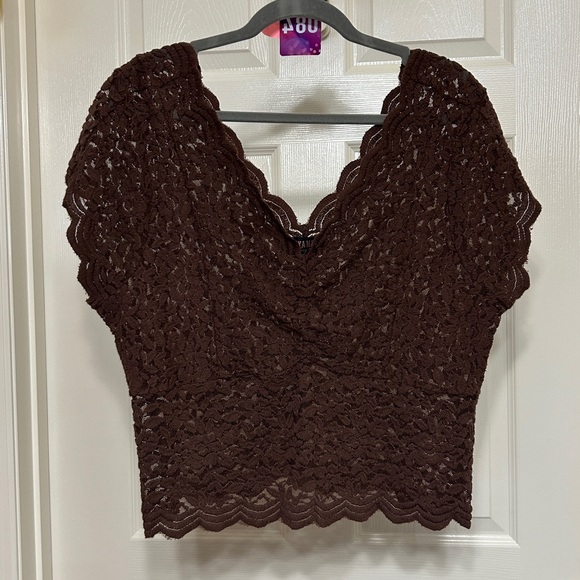 Shyanne Tops - Shyanne Chocolate Brown Lace Crop Top Scalloped Edges Country Western Layering